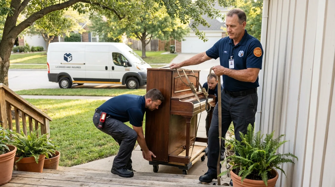 Licensed piano movers securing grand piano in Stanley, NC