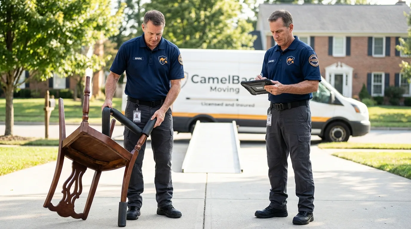 Movers inspecting furniture for damage prevention before loading in Stanley, NC